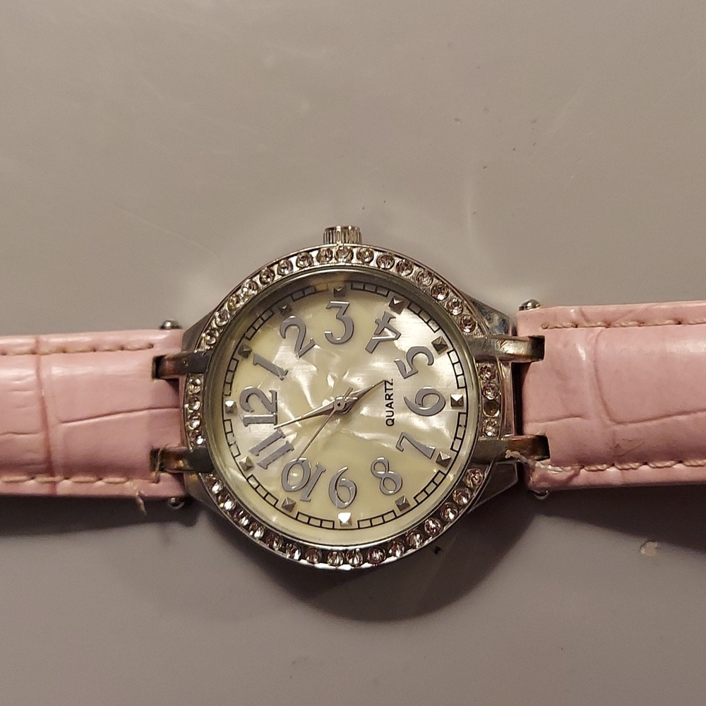 Vintage Silver Tone Crystals & MOP Pink Watch